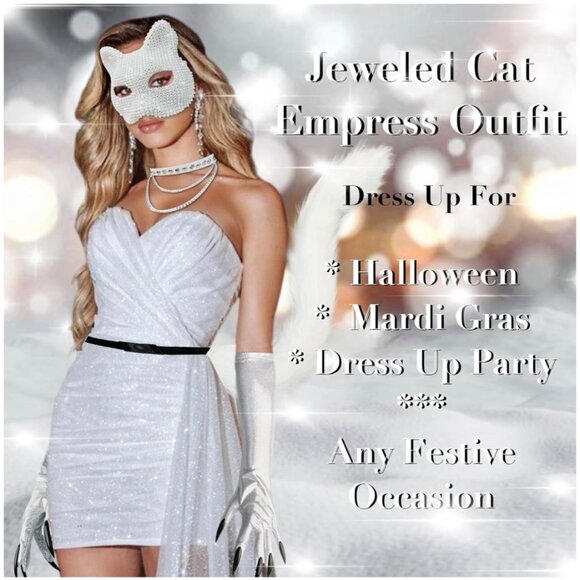 Jeweled Cat Empress Outfit Costume Rhinestone Mask Choker Tail Claw Gloves NEW - Picture 2 of 4